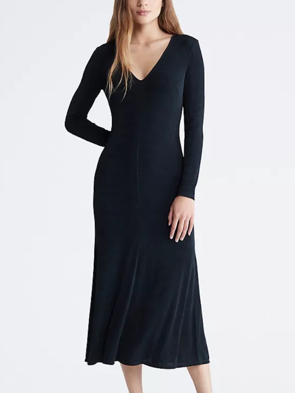 Calvin Klein Black Long Sleeve V-Neck Midi Dress